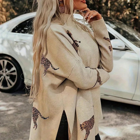 Apricot Casual Women's Mock Neck Leopard Print Long Sleeve Drop Shoulder Sweater - Picture 3 of 3